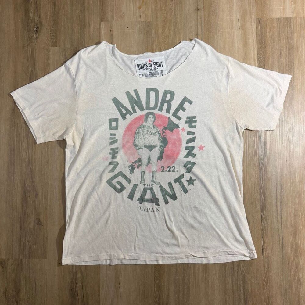 Roots Of Fight Andre The Giant Japan Beige Shirt Sz 3XL Distressed Slouchy Boxy